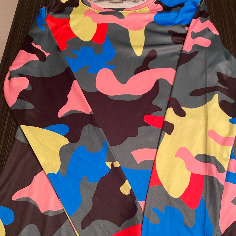 Floor length multi colored camo print dress
